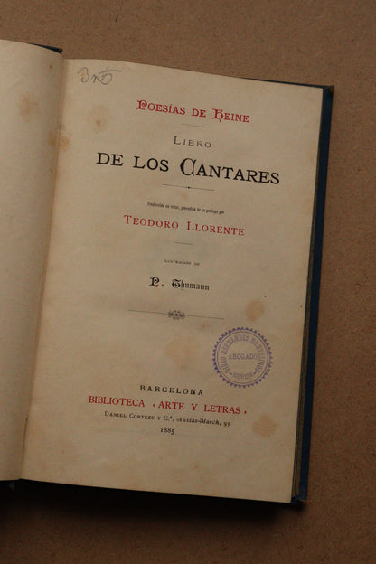 Libro de los Cantares, Poesías de Heine, Biblioteca Arte y Letras, 1885