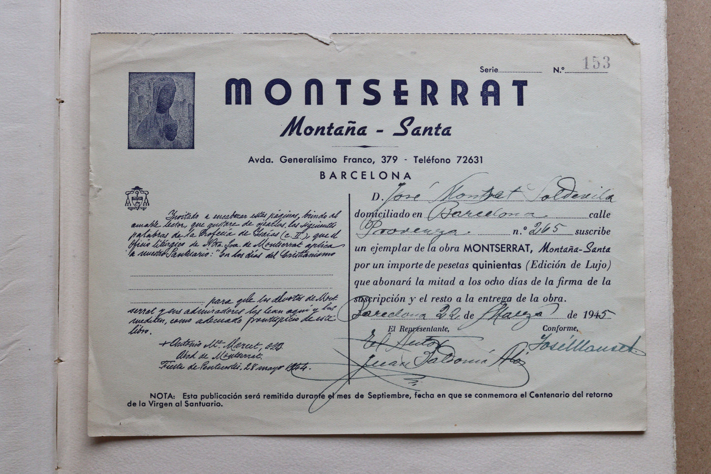 Montserrat Montaña Santa, Edición Limitada y Numerada, 1945